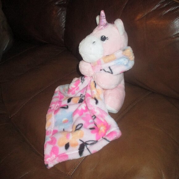 Little Beginnings Unicorn Lovey Security Blanket Pink flowers - Picture 2 of 3